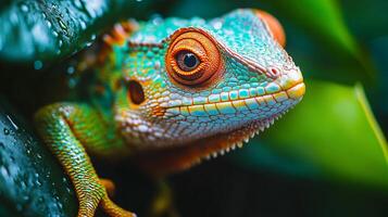 Green and orange lizard is looking at the camera. The lizard is on a leaf and he is in a natural setting photo