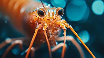 Close up of a crab with its eyes open. The crab is orange and has a long, thin body photo