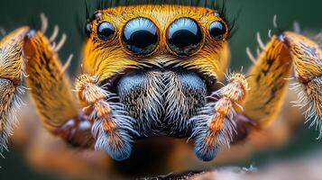 Close up of a spider's face with its eyes open. The spider is yellow and brown photo