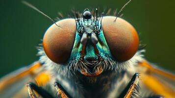 Close up of a bug's face with a blue and orange eye. The bug's face is the main focus of the image photo