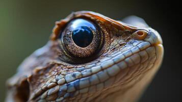 Close up of a lizard's eye with a blurry background. The eye is large and has a dark brown color photo