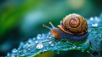 Small, yellow and brown snail is sitting on a leaf. The leaf is wet and has water droplets on it photo