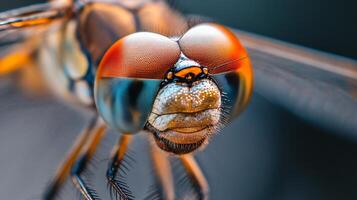 Dragonfly with a blue and orange face. The blue and orange colors are very bright and stand out against the dark background photo