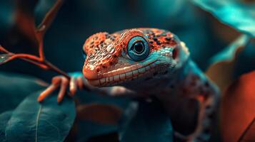 Lizard is on a leaf, looking at the camera. The lizard is brown and red, and it has blue eyes. The image has a colorful and vibrant feel to it, with the lizard standing out against the green leaves photo