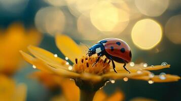 Ladybug is sitting on a yellow flower. The flower is surrounded by water droplets, giving it a fresh and lively appearance. Concept of tranquility and beauty photo