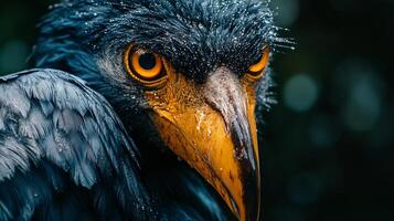 Bird with a black head and orange beak. The bird has a very intense look on its face photo