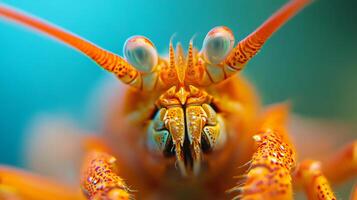 Close up of a crab's face with its eyes open. The crab is orange and has a spiky appearance photo