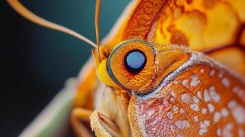 Close up of a butterfly's face with blue eyes. The butterfly is orange and white. The image has a serene and peaceful mood photo