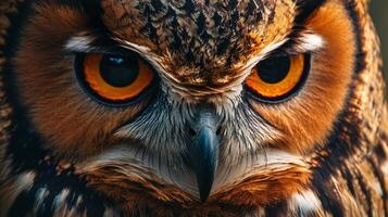 Close up of an owl's face with its eyes open and looking at the camera. The owl's eyes are large and yellow, giving it a fierce and intimidating appearance photo