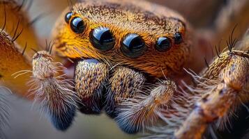 Close up of a spider with its mouth open. The spider has three eyes and is brown and orange in color photo