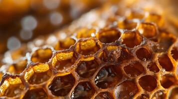 The honeycomb is a structure made of wax, with a honeycomb pattern. It is brown in color and has a unique and intricate design. The honeycomb is likely used to store honey or other sweet substances photo