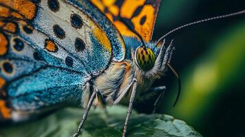 Butterfly with blue and orange wings is sitting on a leaf. The butterfly has a very distinct pattern of spots and stripes photo