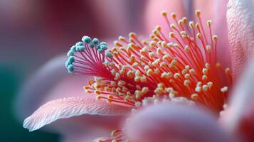 Close up of a flower with a pink center and white petals. The flower is surrounded by a blurry background photo