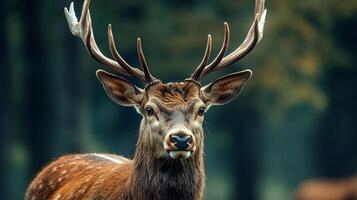 Deer with large antlers stands in a forest. The deer is looking directly at the camera photo