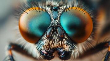Close up of a bug's face with blue and orange eyes. The bug has a long, thin body and antennae photo