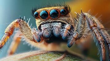 Spider with long legs and a long body is shown in the image. The spider has a brown and orange coloration, and its eyes are black. The spider is standing on a leaf, and its legs are spread out photo