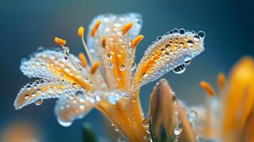 Flower with droplets of water on it. The droplets are small and scattered, giving the flower a delicate and serene appearance photo