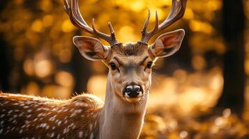 Deer with antlers is standing in a forest. The deer has a look of defiance on its face photo