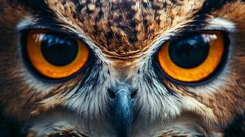 The owl's eyes are large and bright orange. The image has a moody and mysterious feel to it photo