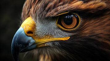 Close up of a bird's face with a yellow beak and yellow eyes. The bird's eyes are open and staring at the camera photo