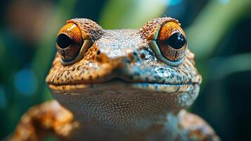 Frog with big eyes and a smile on its face. The frog is brown and white. The frog is looking at the camera photo