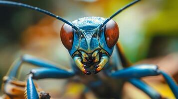 Blue bug with red eyes is staring at the camera. The bug has a menacing look on its face, and its large eyes seem to be following the viewer. The image has a creepy, unsettling vibe photo