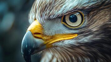 Close up of a bird's face with a yellow beak and yellow eyes. The bird's eyes are open and staring at the camera photo