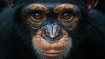 Baby monkey with a black face and brown spots. The monkey has a heart shaped nose and is looking at the camera photo