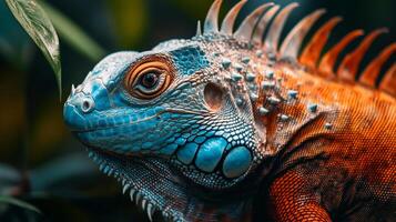 Lizard with blue and orange scales is staring at the camera. The blue and orange colors create a striking contrast, making the lizard stand out against the green background photo
