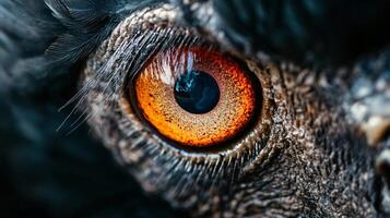 Close up of a bird's eye with a red iris. The eye is surrounded by a black and brown frame photo