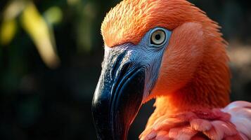 Flamingo with a bright orange beak and pink feathers. The bird is looking directly at the camera photo