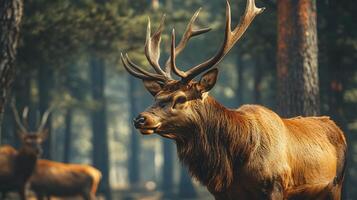 Deer with its head down and its antlers on the ground. The deer is in a forest photo