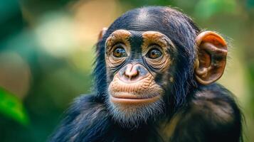 Baby monkey with a black face and brown hair. The monkey is looking at the camera. The image has a playful and curious mood photo