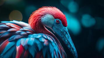 Bird with a red beak and blue feathers. The bird is looking at the camera. The image has a colorful and vibrant feel to it photo