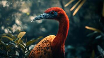 Bird with a red beak and a red head is standing in a forest. The bird is surrounded by green leaves and branches photo