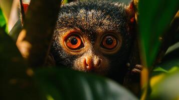 Baby monkey is peeking out from behind some leaves. The monkey has a black face and is looking at the camera photo