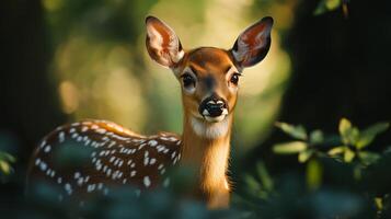 Deer with white spots on its body is standing in a forest. The deer is looking at the camera, and the scene is peaceful and serene photo