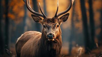 Deer is standing in a forest with its head down. The deer is brown and has large antlers photo