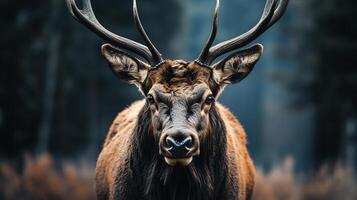 Deer with brown antlers stands in a forest. The deer is looking directly at the camera photo