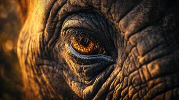 The eye of an elephant is shown in a close up. The eye is brown and has a yellowish tint. The elephant's eye is surrounded by a wrinkled skin, which gives it a unique appearance photo