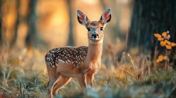 Deer is standing in a field of grass. The deer is looking at the camera photo