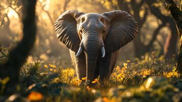 Large elephant is standing in a field of yellow flowers. The elephant is looking to the right photo