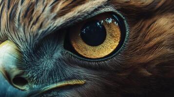 The eye of a bird is shown in a close up. The eye is large and yellow, and the bird's feathers are brown. Concept of intensity and focus, as if the bird is staring directly at the viewer photo