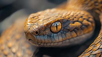 Close up of a snake's face with a brown and yellow pattern. The snake's eyes are large and yellow, and its mouth is open photo