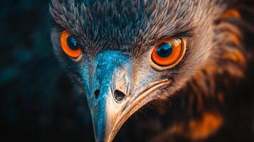 Close up of a bird's face with a blue and orange background. The bird has a very intense look in its eyes photo