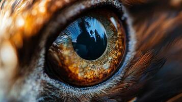 The eye of a bird is shown in a close up, with the iris and pupil visible. The iris is brown and the pupil is blue, creating a striking contrast between the two colors photo