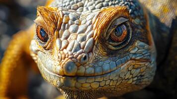 Lizard with a big brown nose and eyes. The lizard is smiling. The lizard is looking at the camera photo
