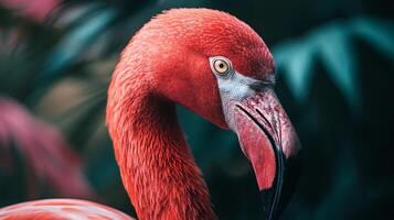 Flamingo with a red head and neck is standing in a green forest. The flamingo is the main focus of the image, and the green background adds a sense of tranquility and natural beauty to the scene photo