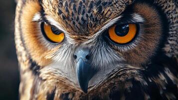Close up of an owl's face with its eyes open and yellow. The owl's eyes are large and intense, giving the impression of a fierce and powerful creature. Concept of strength and dominance photo