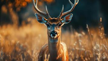 Deer is standing in a field of tall grass. The deer is looking directly at the camera photo